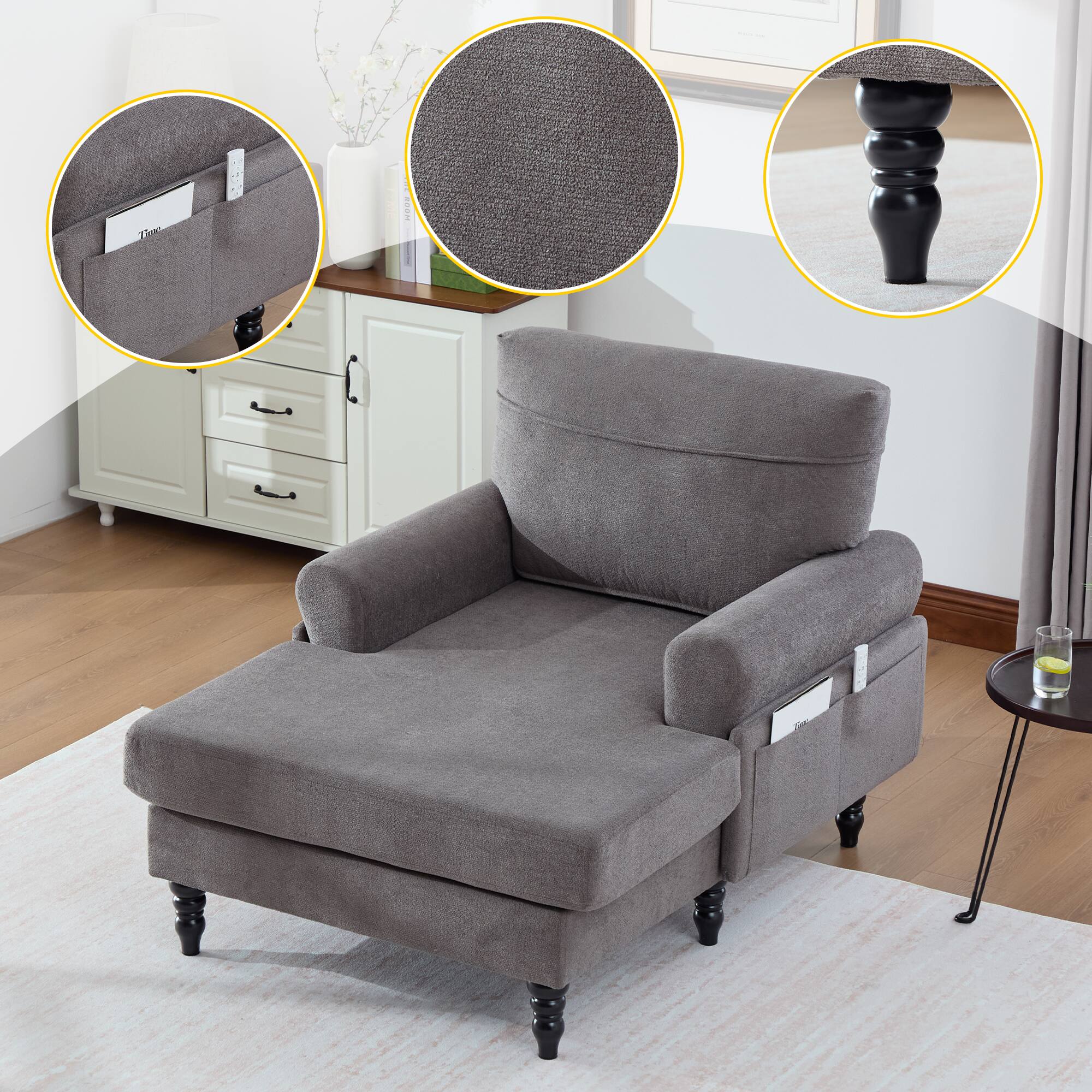 Alt View 1. Trinkets Crazed - Chenille Fabric Chaise Lounge Recliner Single Sofa Living Room Bedroom Rest Chair Wooden Sofa Legs - Dark Gray.