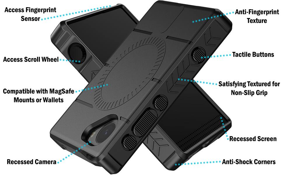 Access Fingerprint Sensor  
Anti-Fingerprint Texture  
Access Scroll Wheel  
Tactile Buttons  
Compatible with MagSafe Mounts or Wallets  
Satisfying Textured for Non-Slip Grip  
Recessed Screen  
Recessed Camera  
Anti-Shock Corners