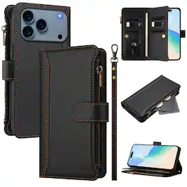 Dteck - Crossbody Wallet Case for Apple iPhone 17 Pro, Shockproof Zipper PU Leather Flip Stand Cover with 9 Card Slots - Black