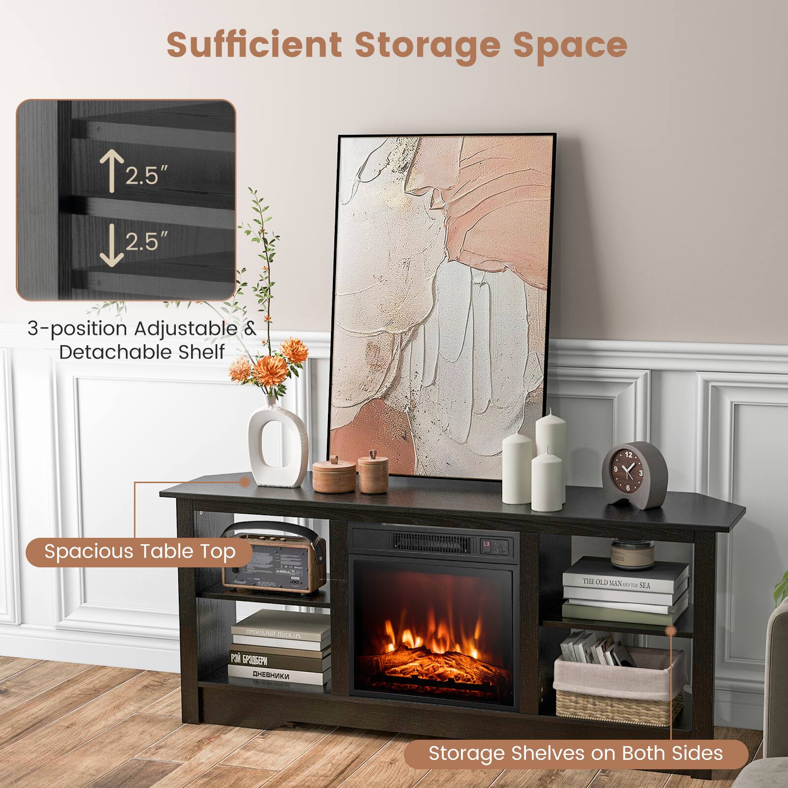 Sufficient Storage Space

3-position Adjustable & Detachable Shelf

Spacious Table Top

Storage Shelves on Both Sides