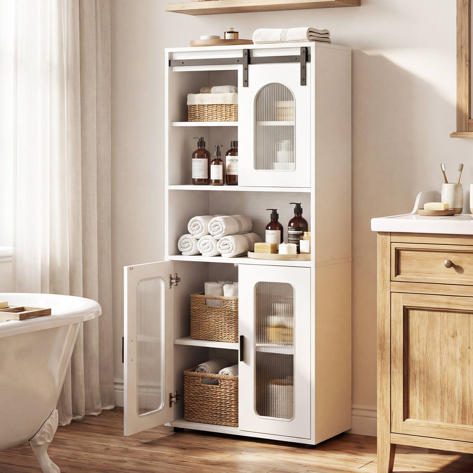 Alt View 1. Gymax - Gymax Farmhouse Bathroom Floor Cabinet 59"H Freestanding Linen Storage Organizer - White.