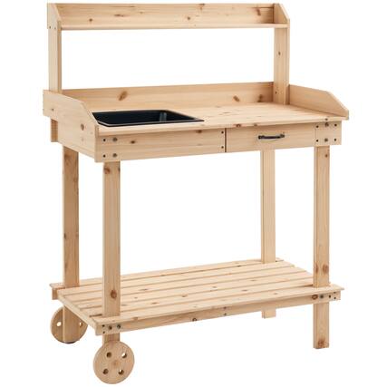 Front. Outsunny - 36" Wooden Potting Bench Work Table with 2 Removable Wheels, Garden Workstation with Removable Sink - Natural Wood.