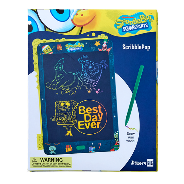 SpongeBob SquarePants  
ScribblePop  
Best Day Ever  
Draw Your World!  
WARNING: Contains button or coin cell battery, Hazardous if swallowed - see Instructions.  
Jittery Git
