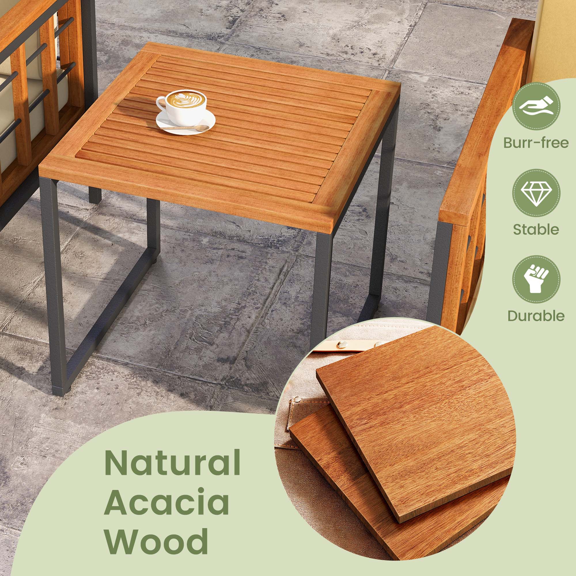 Burr-free, stable, and durable natural acacia wood.
