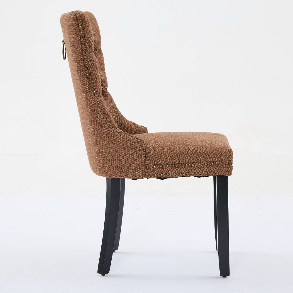 Alt View 1. Loheer - Loheer Tufted Linen Dining Chairs Set of 2 Coffee Solid Wood Upholstered Nailhead Trim Mid-Century Modern High Back - Coffee.