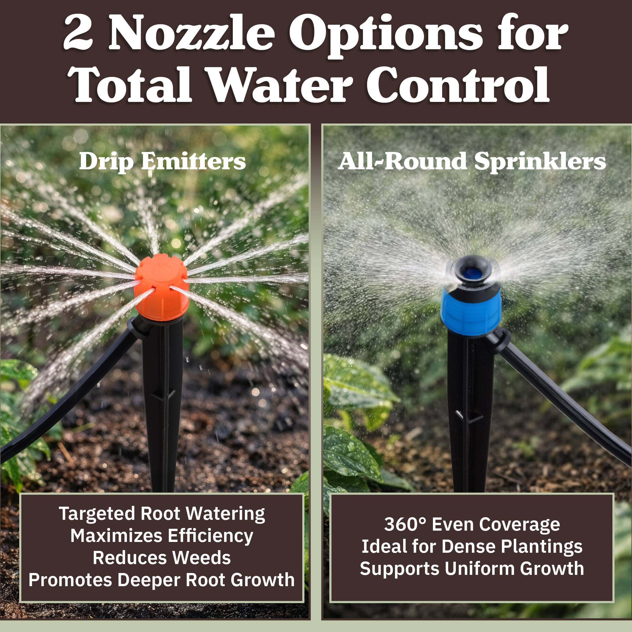 2 Nozzle Options for Total Water Control

Drip Emitters  
- Targeted Root Watering  
- Maximizes Efficiency  
- Reduces Weeds  
- Promotes Deeper Root Growth  

All-Round Sprinklers  
- 360° Even Coverage  
- Ideal for Dense Plantings  
- Supports Uniform Growth