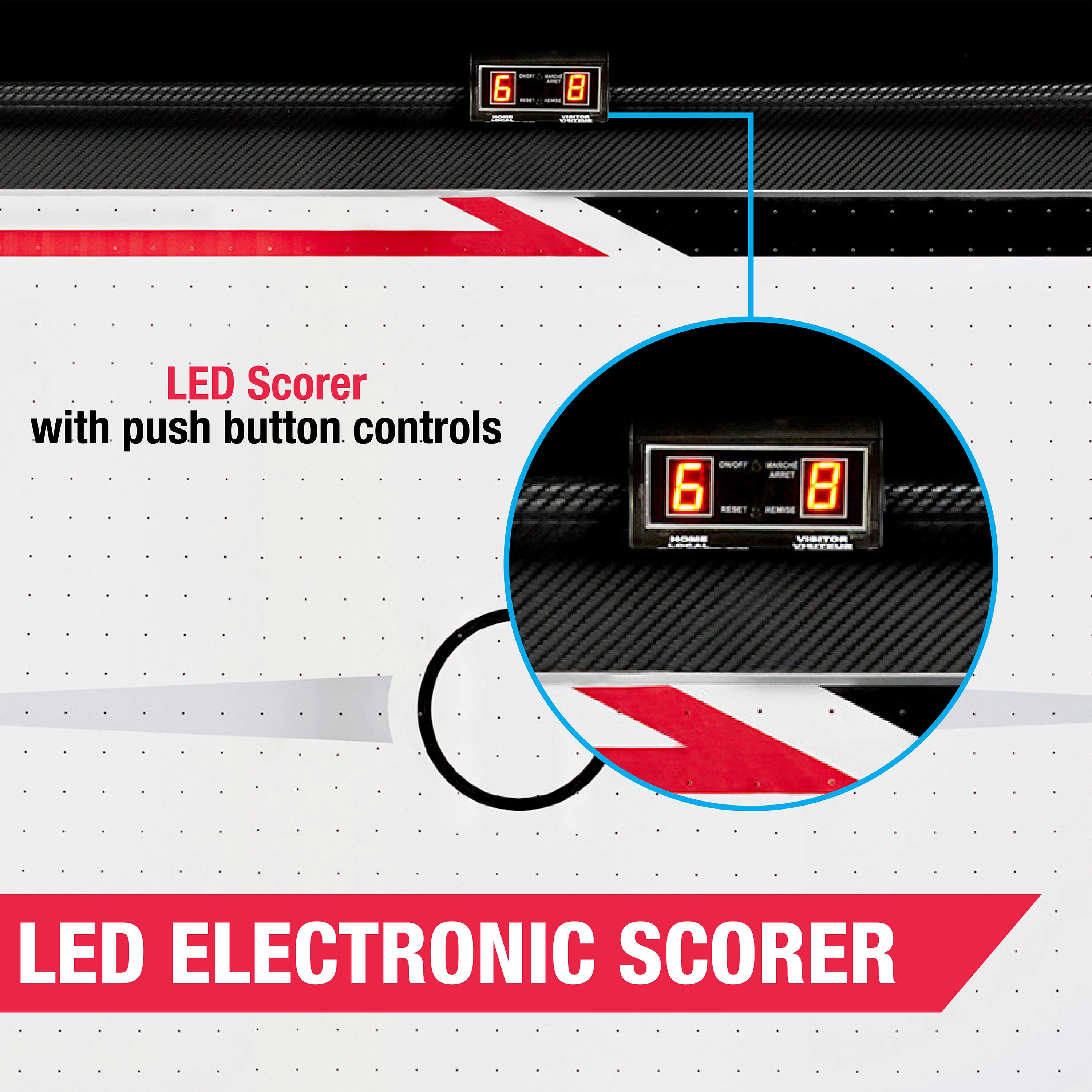 The text on the image reads "LED Electronic Scorer with push button controls."