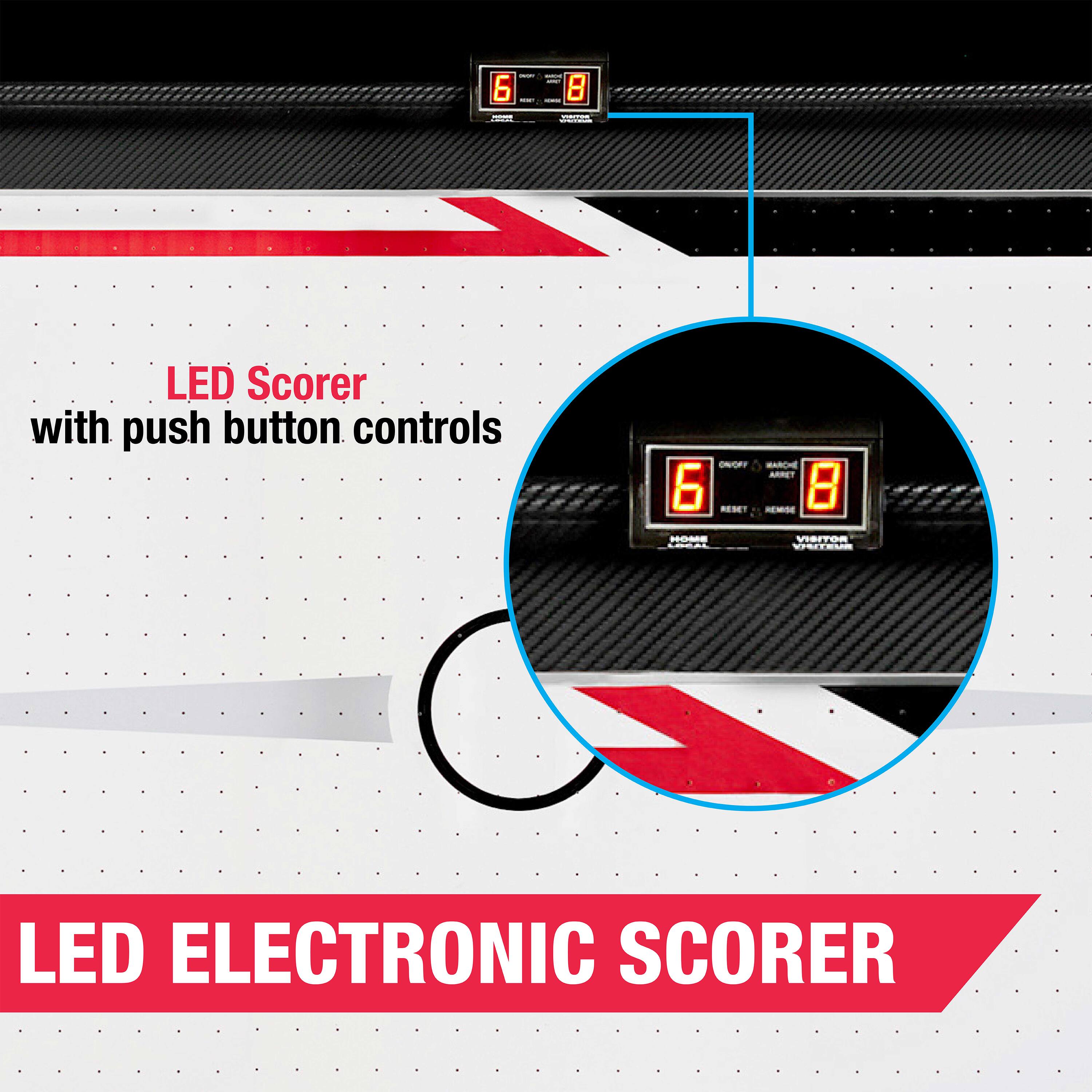 The text on the image reads "LED Electronic Scorer with push button controls."