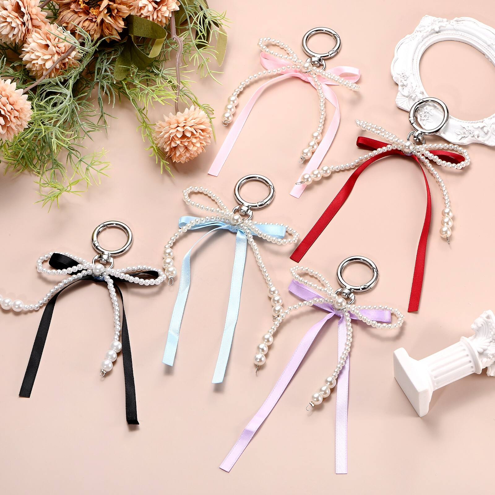 Alt View 3. Unique Bargains - Pearl Bow Keychain 15mm Y2K Aesthetic Pearl Bowknot Ribbon Keyring, Cute Bag Charm for Tote Bags Purse - Pink, Blue.