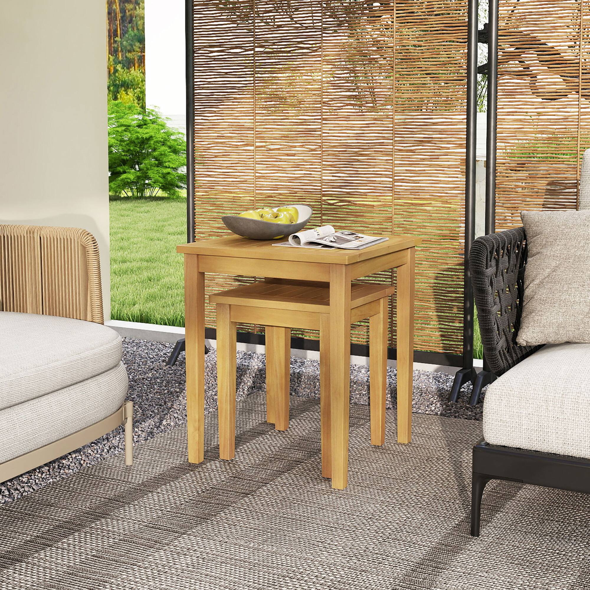 Alt View 3. Gymax - Gymax 2 PCS Patio Nesting Table Teak Wood Outdoor Space Saving Design Square End Table - Natural.