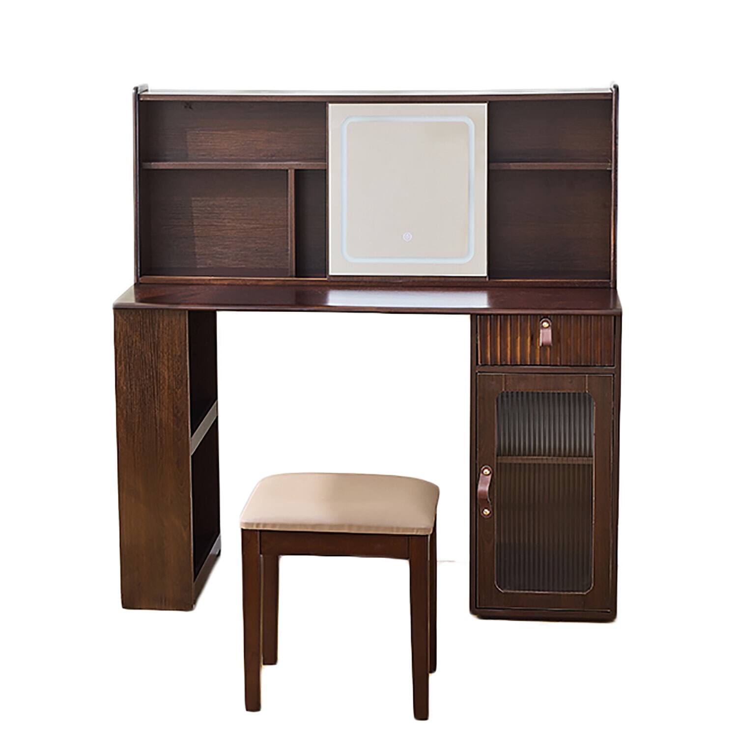 Alt View 2. Lirago - Walnut Makeup Vanity Desk with Mirror Wood Dressing Table with Storage Shelves and Drawer 17.7"Dx47.2"Wx49.6"H - Brown.