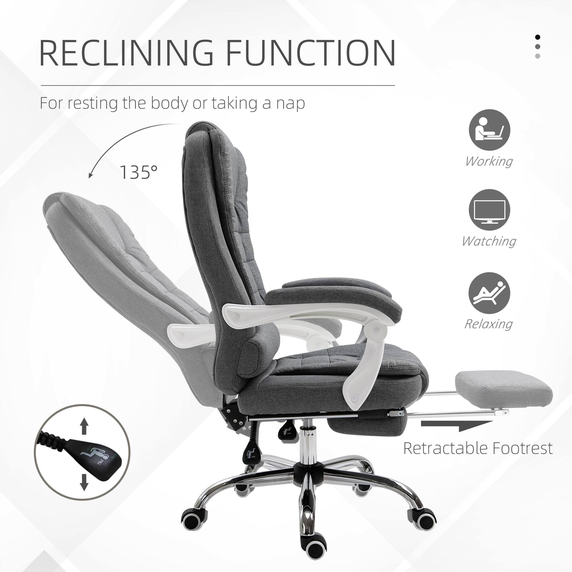 RECLINING FUNCTION

For resting the body or taking a nap

135°

Working
Watching
Relaxing

Retractable Footrest