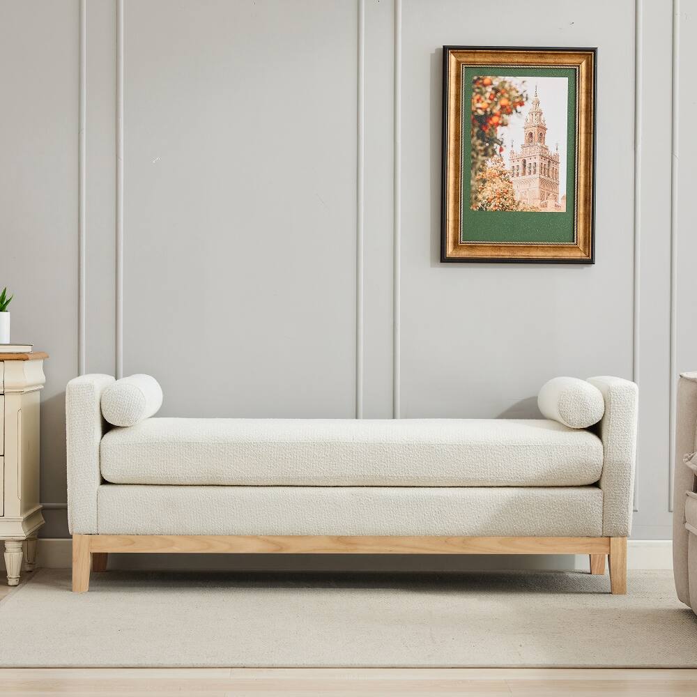 Left. Ropilly - Ropilly Ivory Boucle End of Bed Bench Upholstered Entryway Daybed with Natural Wood Frame and Bolster Pillows - Ivory.