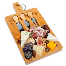 BlauKe - Bamboo Cheese Board and Knife Set - 12x8 inch Charcuterie Board with Magnetic Cutlery Storage - Wood Serving Tray - Beige