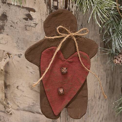 Angle. BreeBe - Stiffened Fabric Primitive Gingerbread & Heart Ornament - Brown.