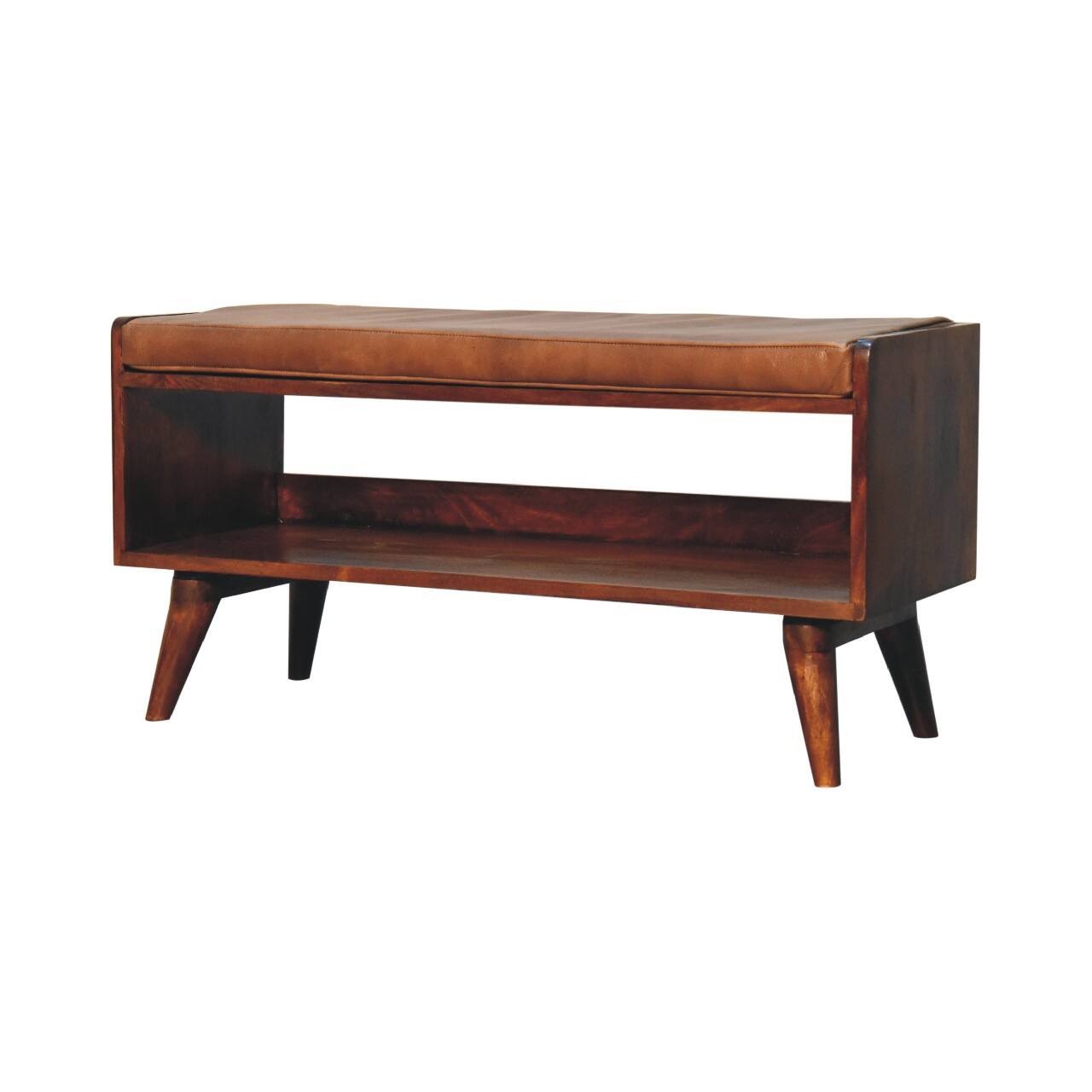 Back. Artisan Furniture - Artisan Furniture Solid Wood Chestnut Bench with Brown Leather Seatpad, Upholstered, 1 Open Slot, Dark Brown - Dark Brown.
