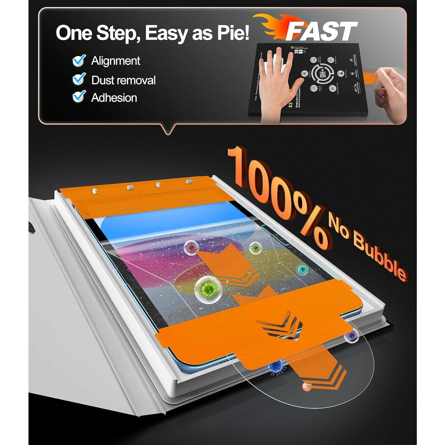 One Step, Easy as Pie! FAST
Alignment
Dust removal
Adhesion
100% No Bubble