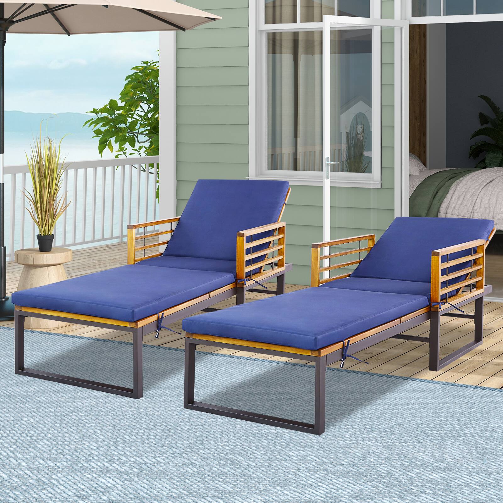 Alt View 1. Costway - Costway 2PCS Patio Cushioned Chaise Lounge Chair Adjustable Reclining Lounger - Blue.