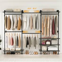 Aheaplus - Wall-Mounted Pipe Clothing Rack with Shelves, Width Adjustable Garment Rack, L-Shaped/Straight Reversible - Black