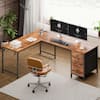 Front. Furnulem - L Shaped Gaming Desk Computer Corner Table with Power Outlets USB File Fabric Drawers Large Storage - Brown.