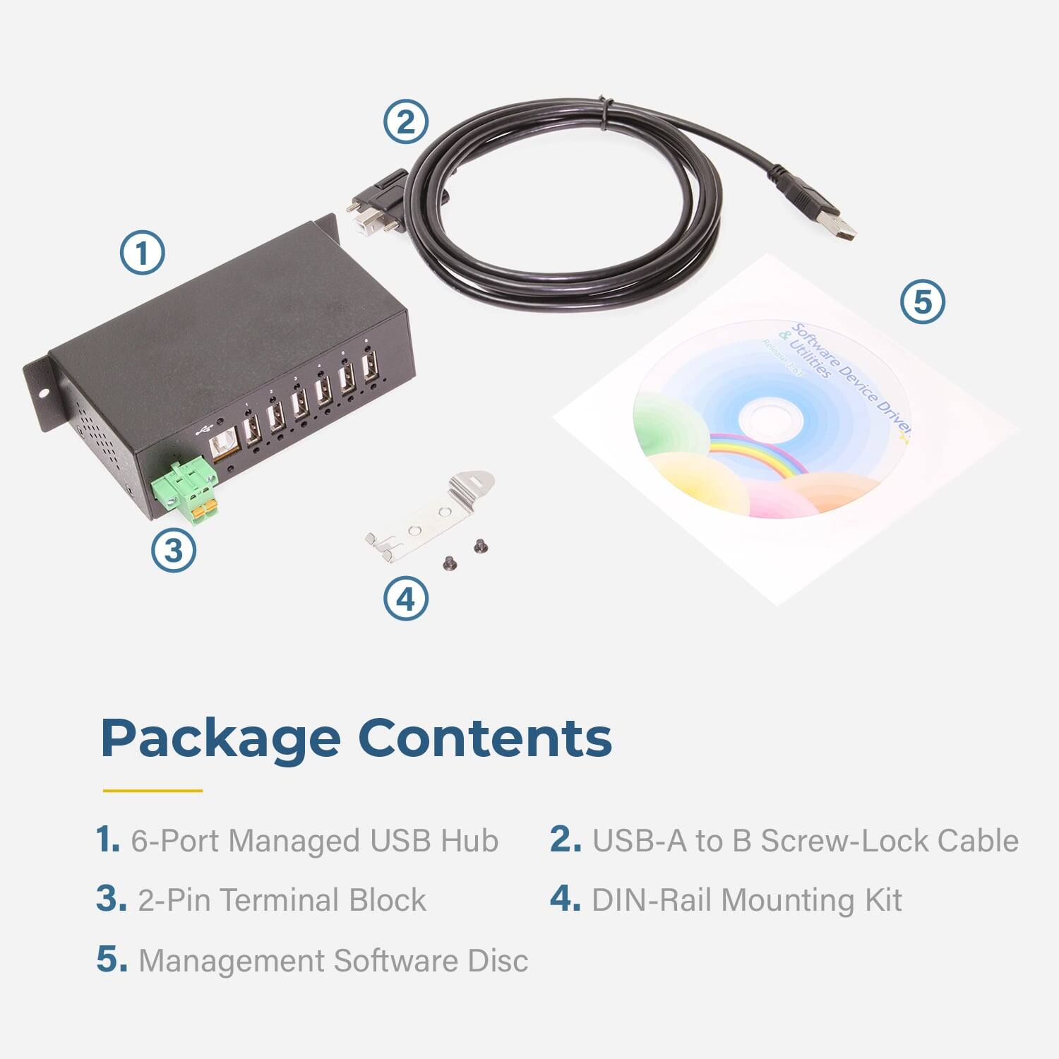 2 1 - 5 & Snioee Software - Device Driver 3 4 Package Contents

1. 6-Port Managed USB Hub
2. USB-A to B Screw-Lock Cable
3. 2-Pin Terminal Block
4. DIN-Rail Mounting Kit
5. Management Software Disc