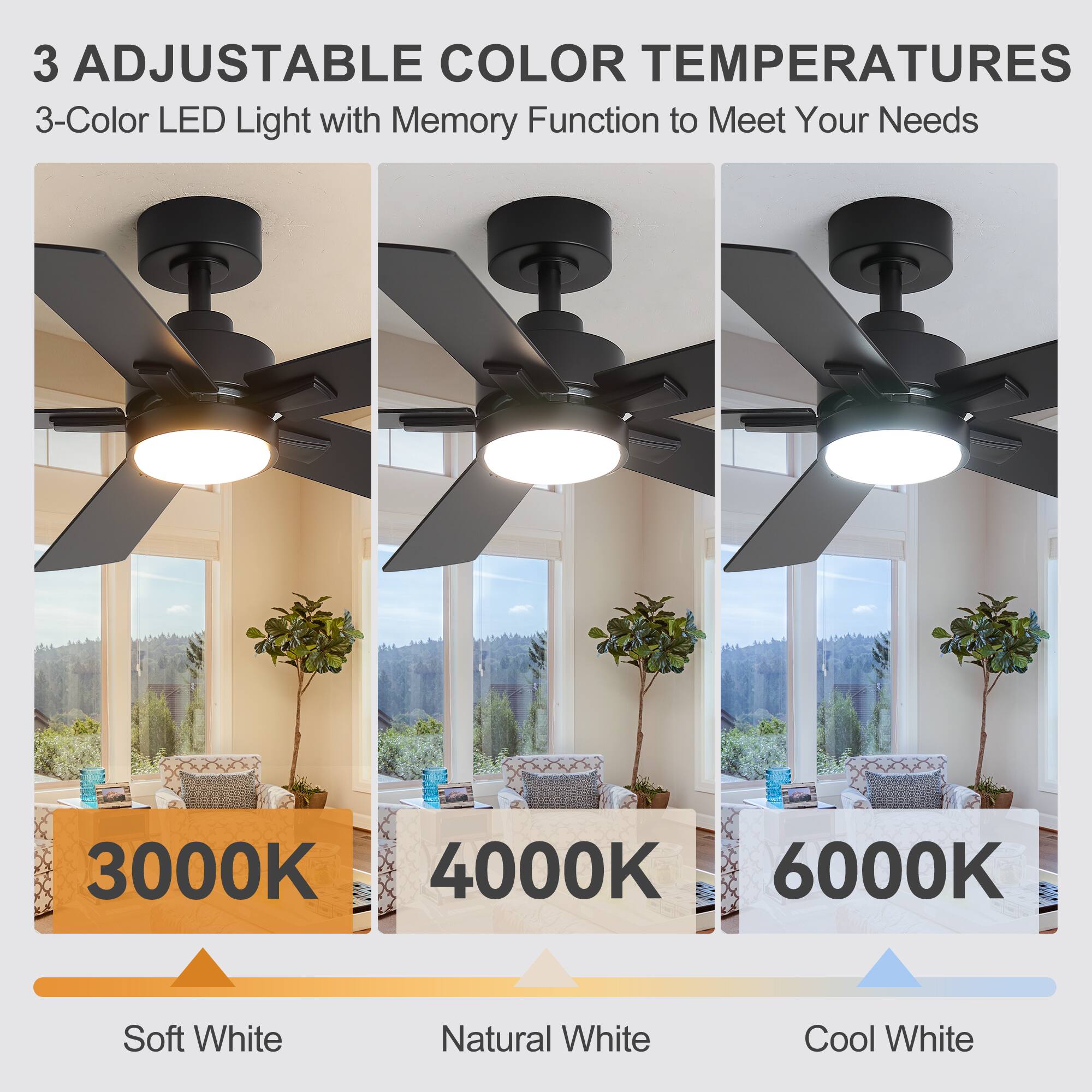 3 Adjustable Color Temperatures  
3-Color LED Light with Memory Function to Meet Your Needs  
3000K Soft White  
4000K Natural White  
6000K Cool White