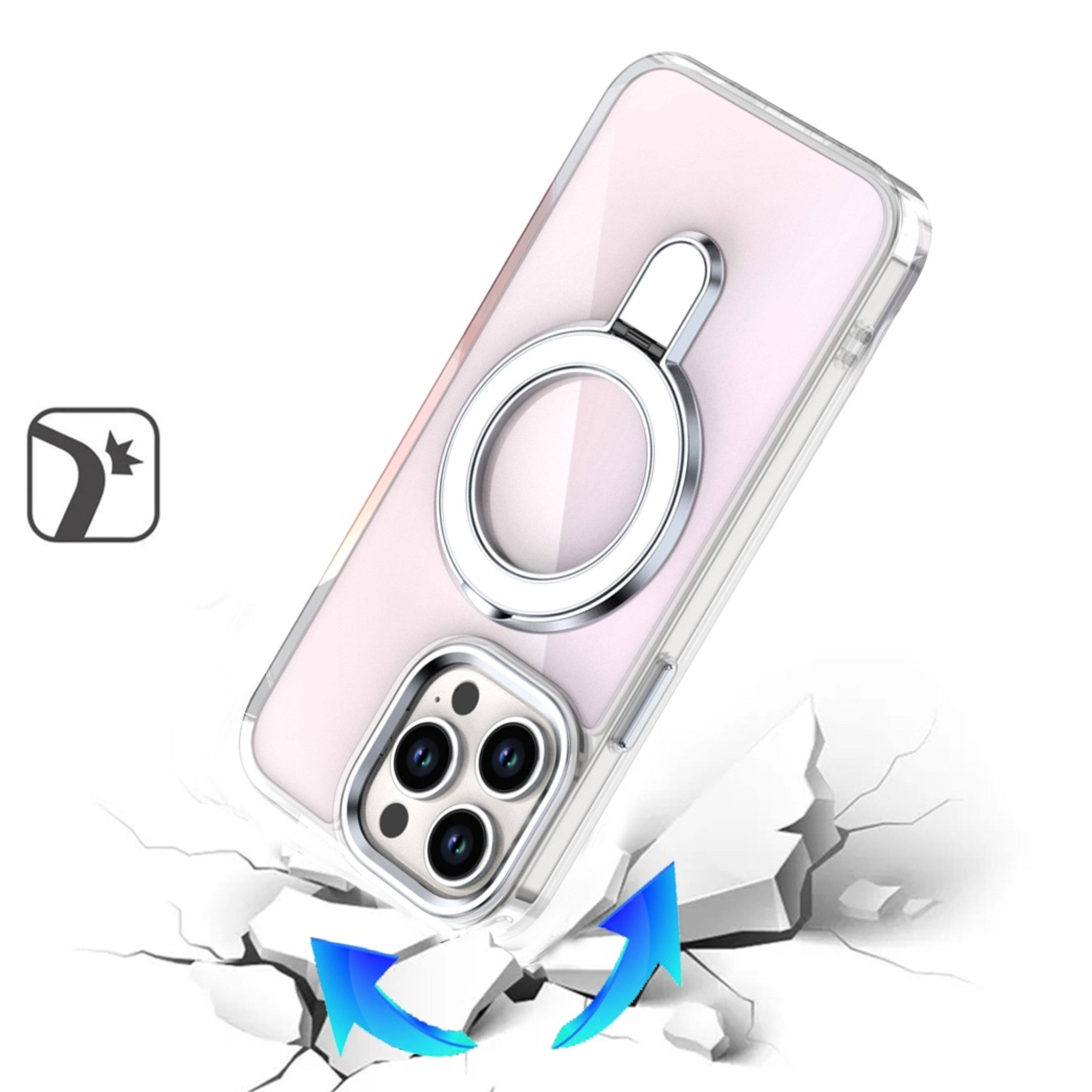 Left. Kitcheniva - Radiant Chrome Magnet Circle Stand Phone Case With 2 Pcs Tempered Glass For iPhone 15 Pro Max Clear - Clear.