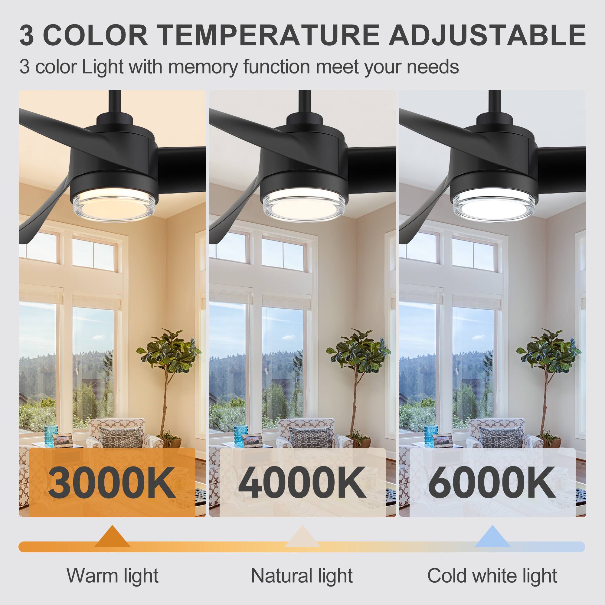 3 COLOR TEMPERATURE ADJUSTABLE  
3 color Light with memory function meet your needs  

3000K  
Warm light  

4000K  
Natural light  

6000K  
Cold white light