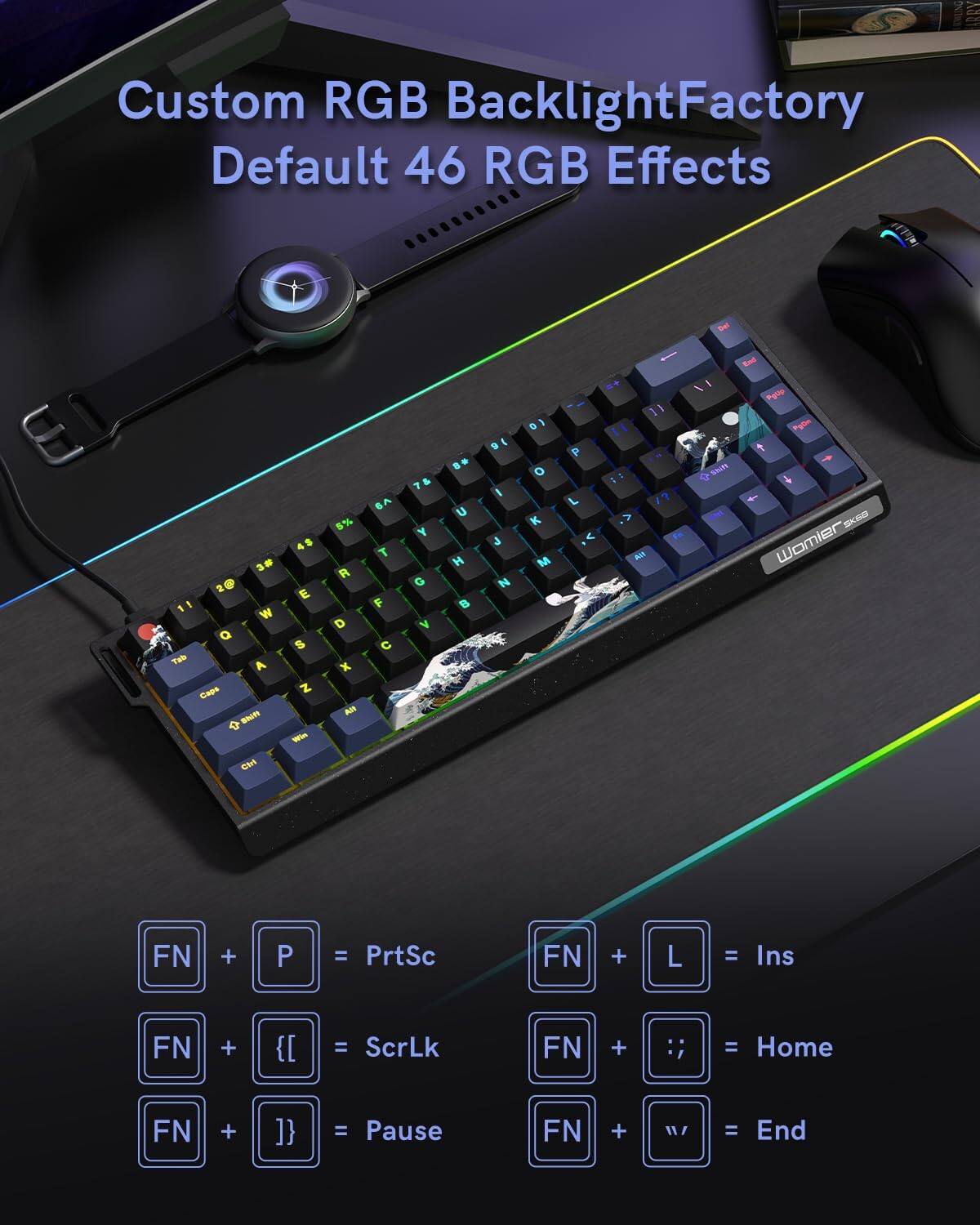 Womier SK68 65% Wired Gaming Keyboard with 66 Keys，QMK RGB