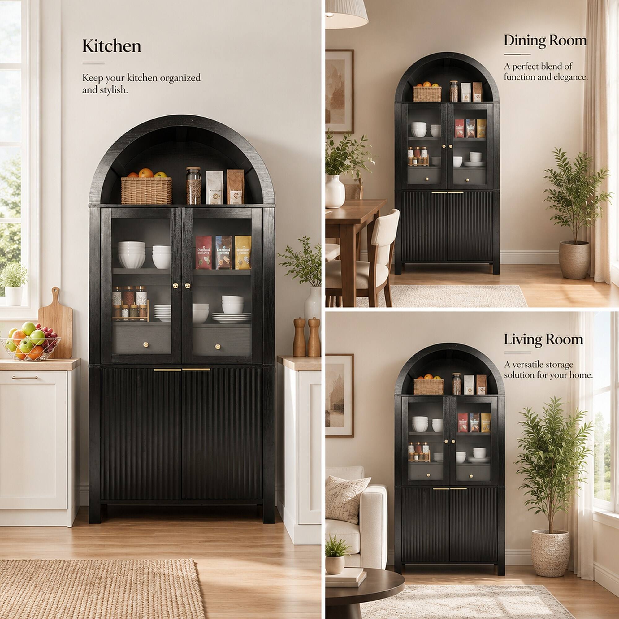 Kitchen  
Keep your kitchen organized and stylish.

Dining Room  
A perfect blend of function and elegance.

Living Room  
A versatile storage solution for your home.