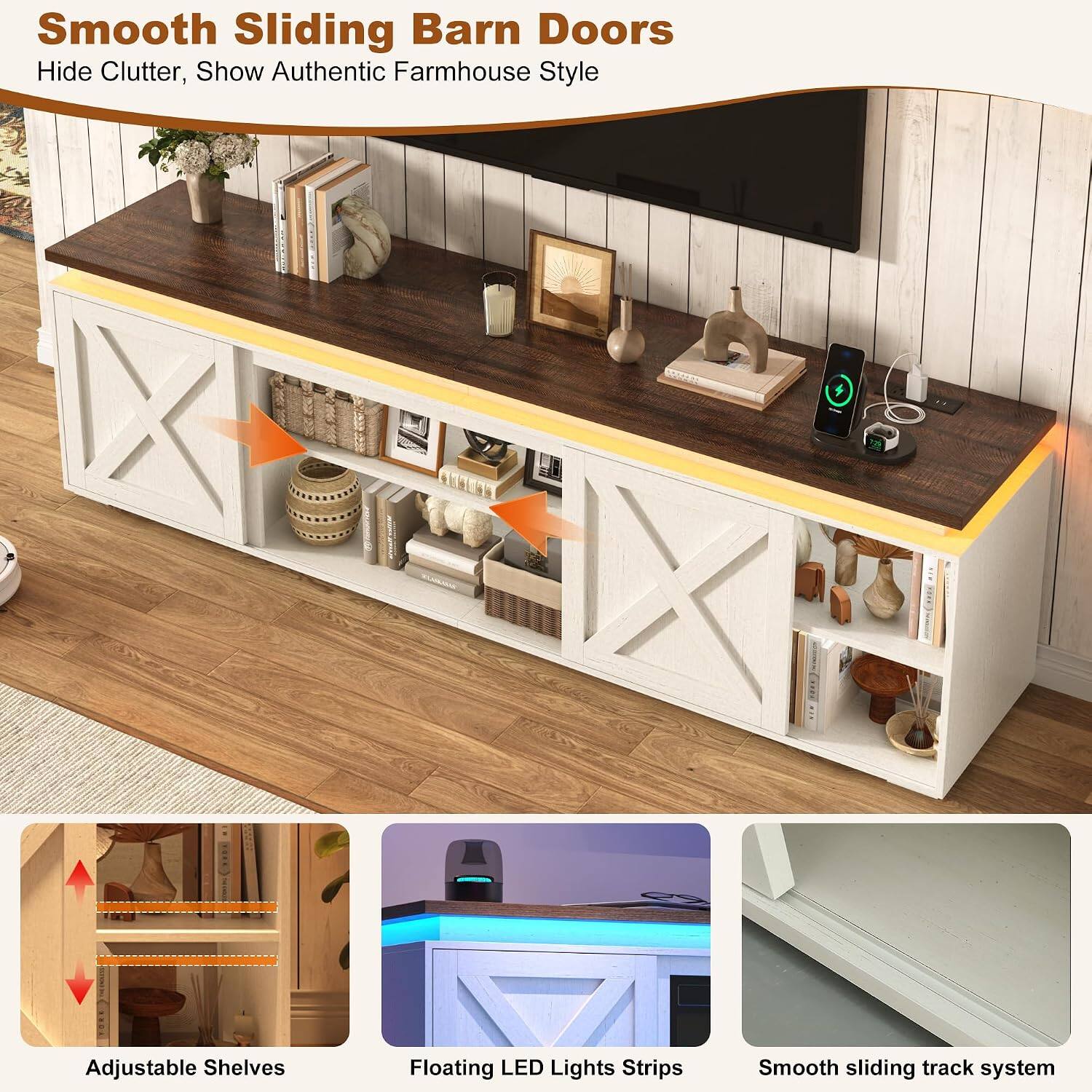 Smooth Sliding Barn Doors Hide Clutter, Show Authentic Farmhouse Style

Adjustable Shelves

Floating LED Lights Strips

Smooth sliding track system