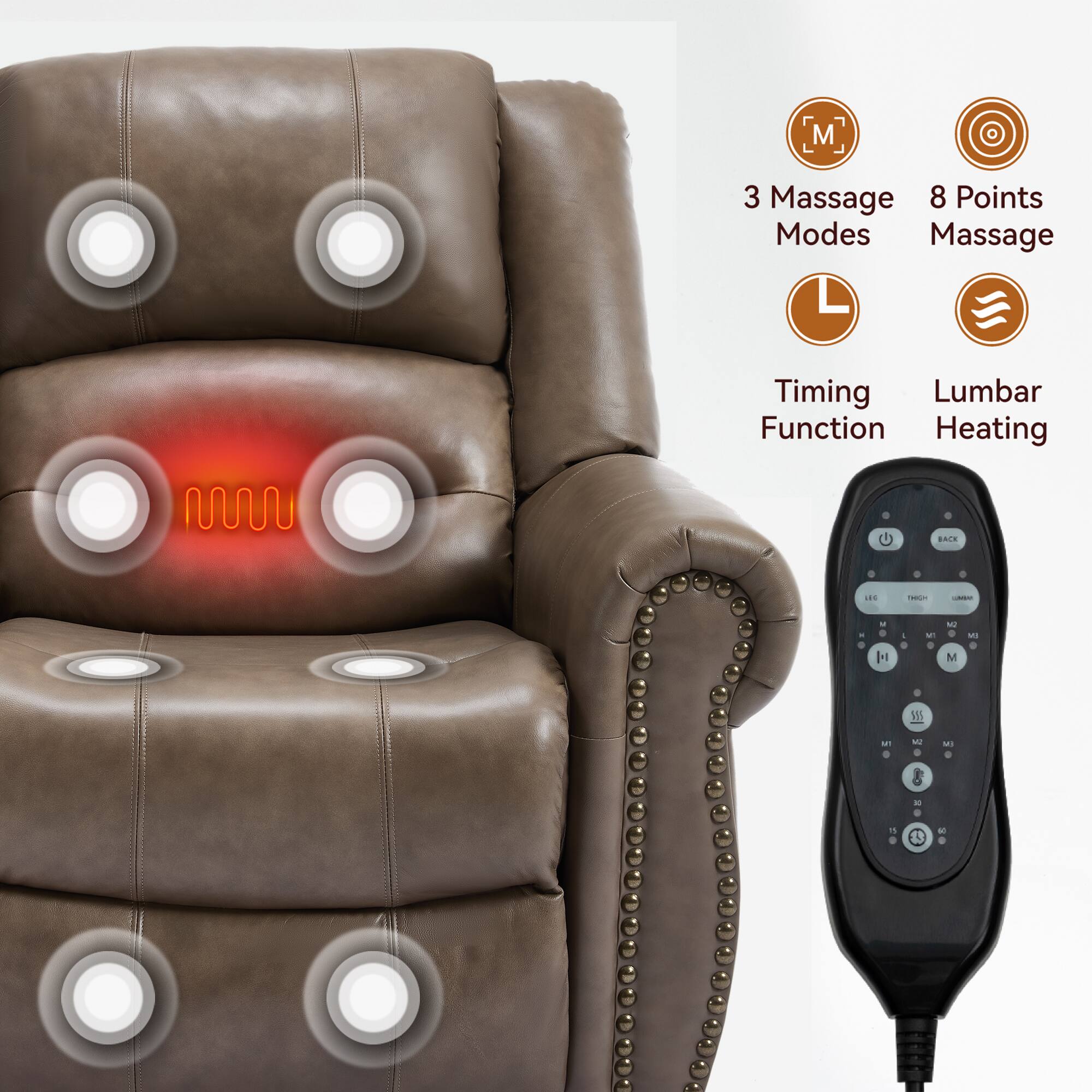 3 Massage Modes  
8 Points Massage  
Timing Function  
Lumbar Heating