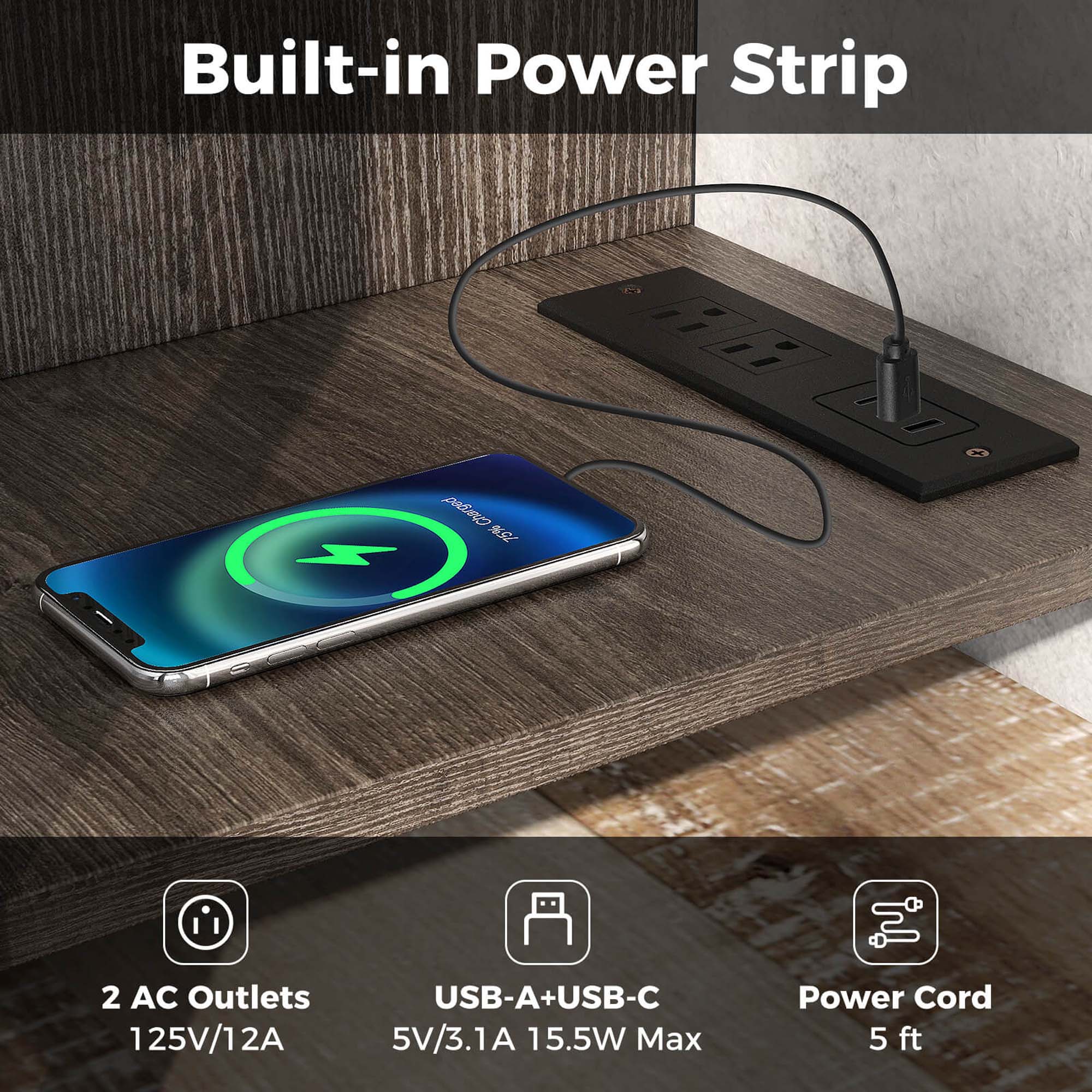 Built-in Power Strip with 2 AC Outlets, 125V/12A USB-A+USB-C, 5V/3.1A, 15.5W Max Power Cord, 5 ft.