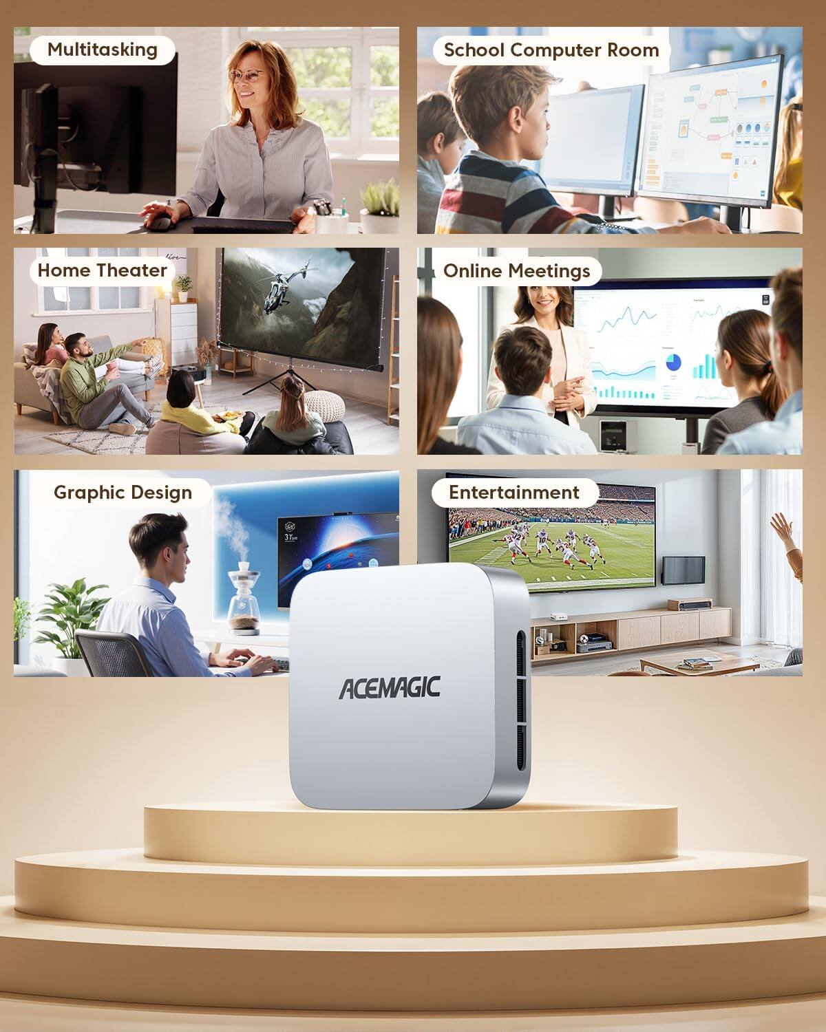 Multitasking  
School Computer Room  
Home Theater  
Online Meetings  
Graphic Design  
Entertainment  

ACEMAGIC