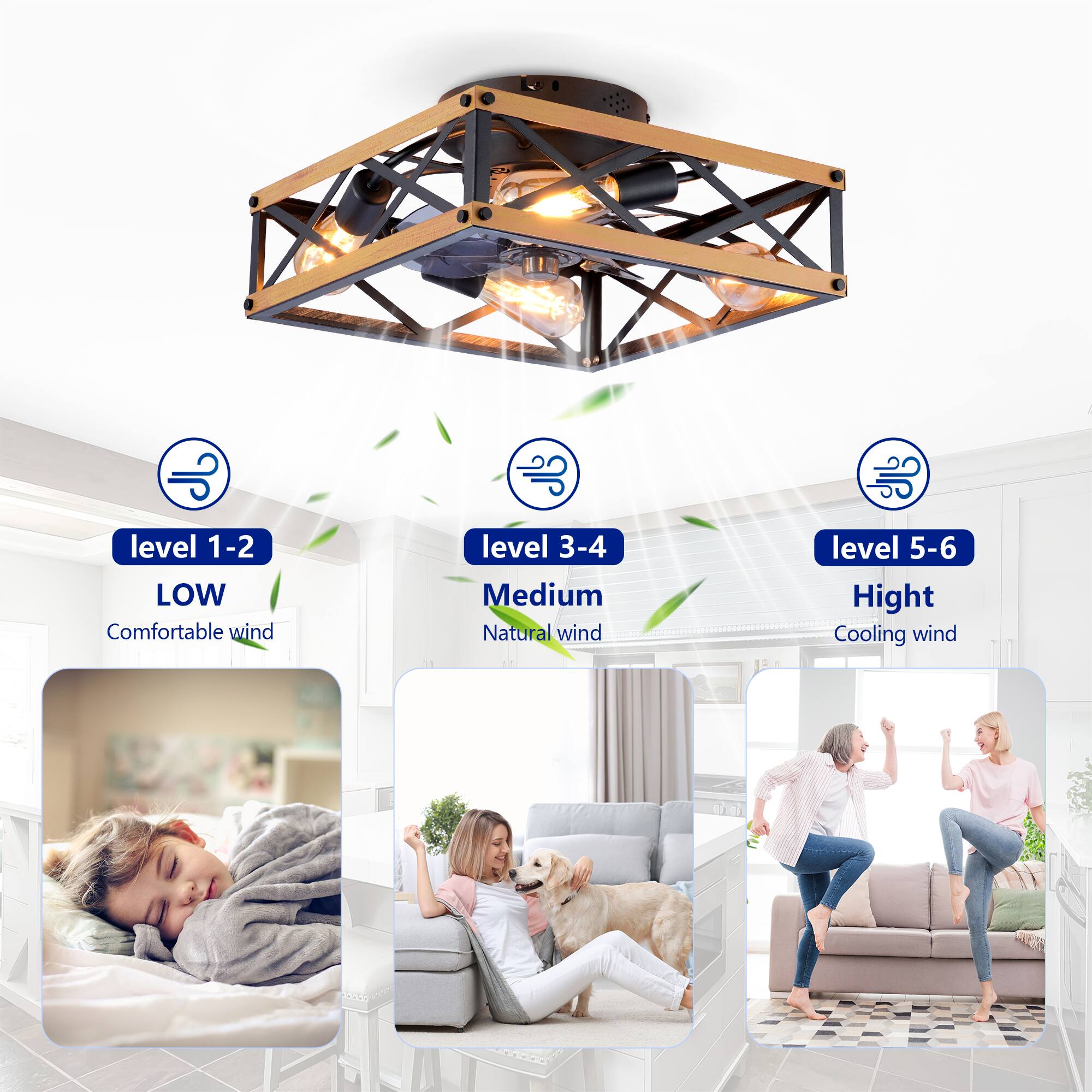 - Level 1-2: LOW Comfortable wind
- Level 3-4: Medium Natural wind
- Level 5-6: High Cooling wind