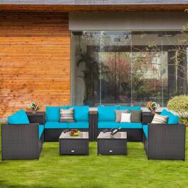 Gymax - 8PCS Cushioned Rattan Patio Conversation Set w/ Side Table Turquoise Cushion - Brown