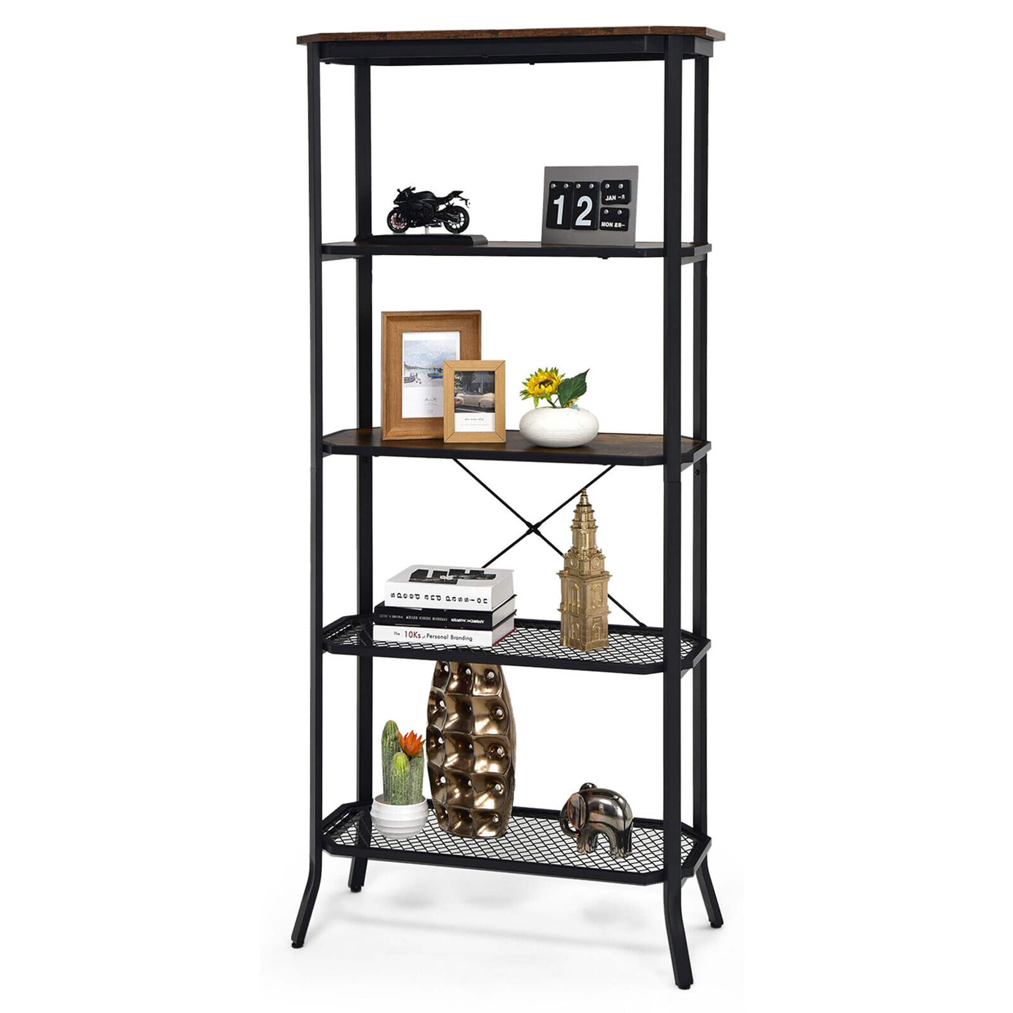 Gymax - 5 Tier Bookshelf Standing Storage Shelf Unit for Kitchen Living Room Office - Rustic Brown