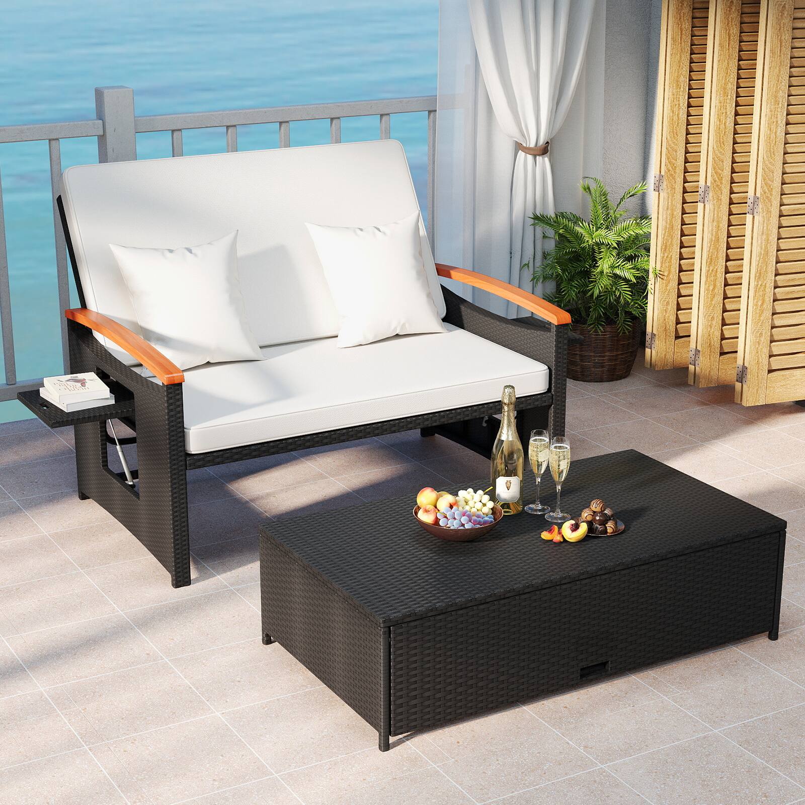 Alt View 1. Gymax - Gymax Patio Rattan Daybed Set w/Cushioned Loveseat & Storage Ottoman for Porch Outdoor White - White.