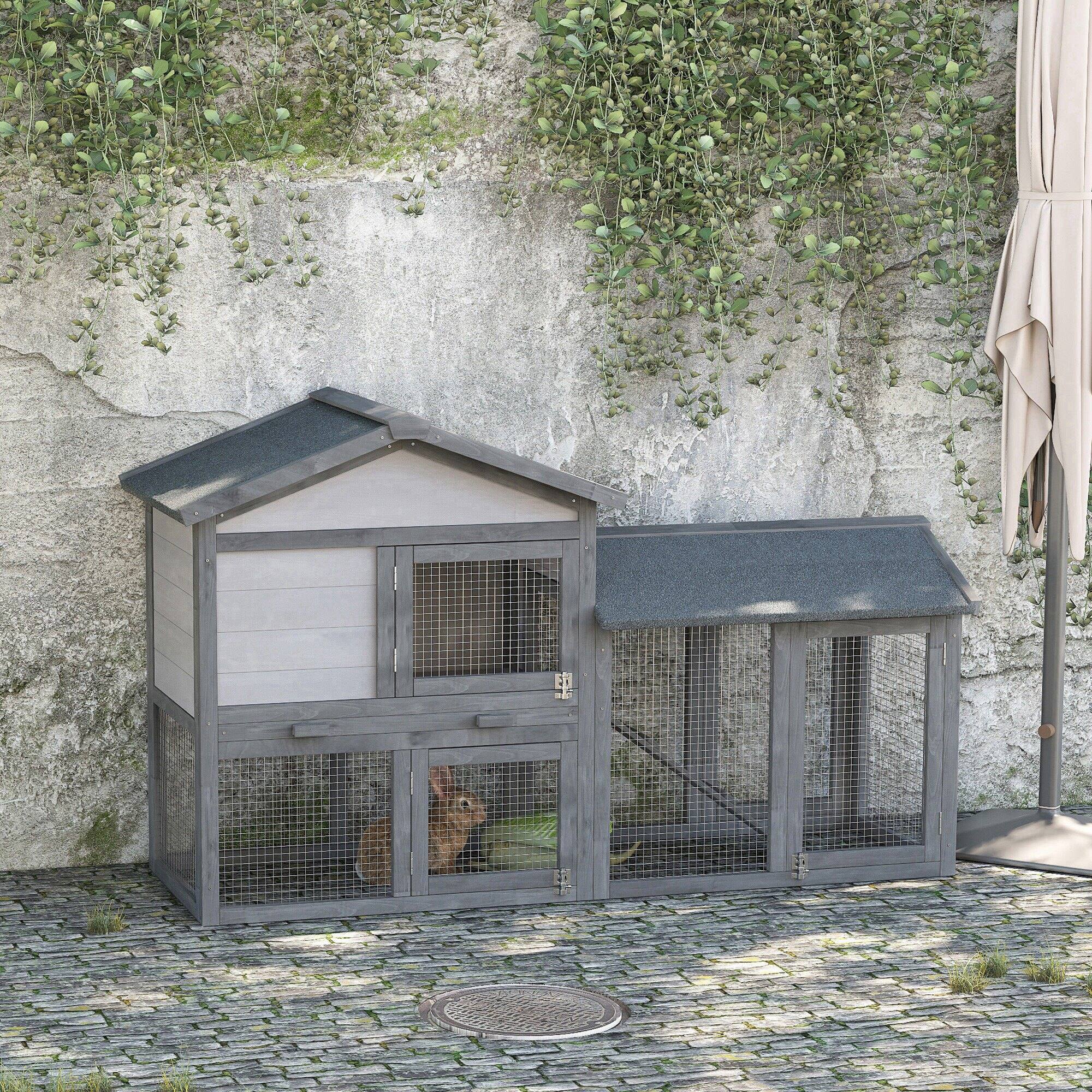 Alt View 1. Pawhut - Large Rabbit Hutch Outdoor Indoor, Wooden Bunny Hutch, Guinea Pig Cage with Run, Removable Tray.