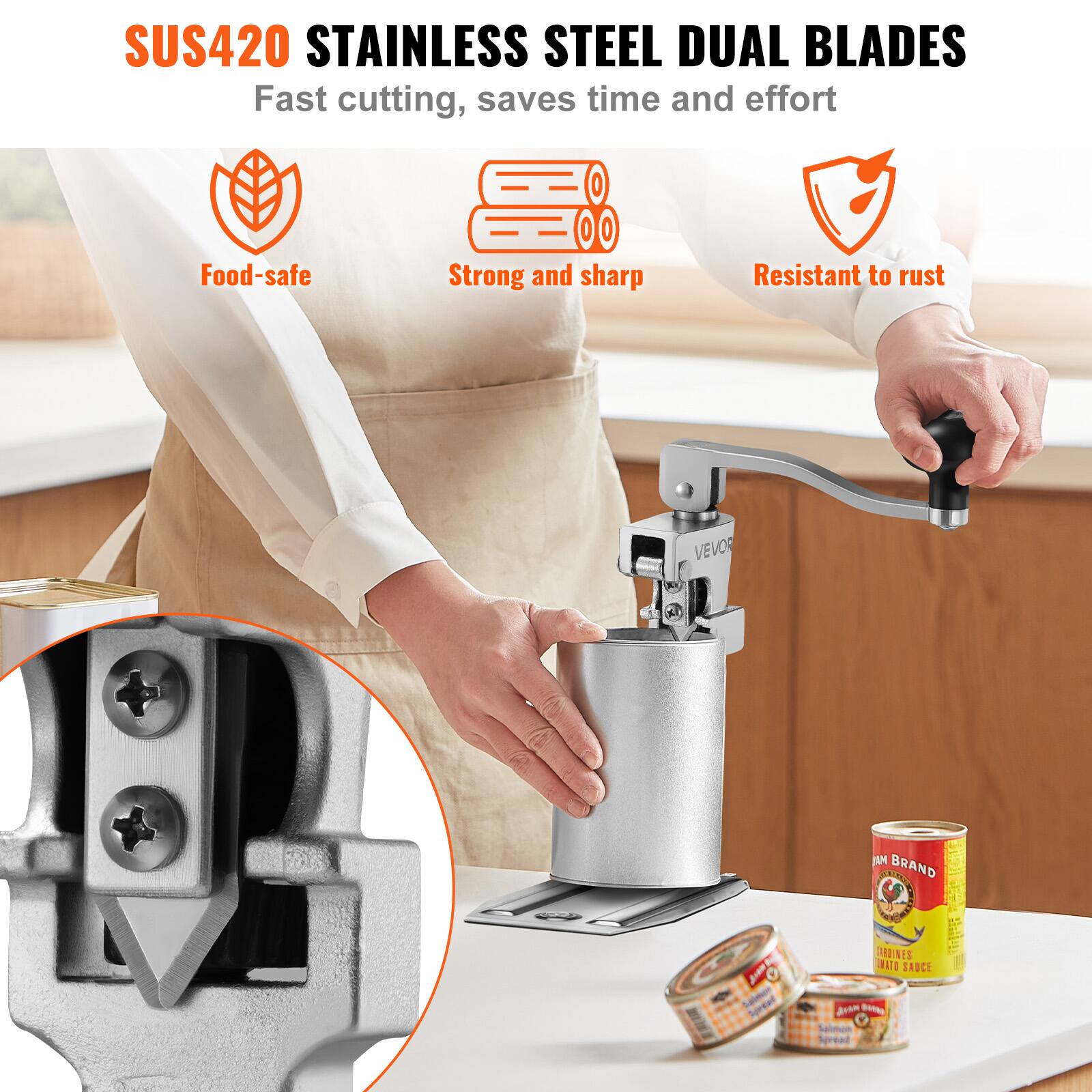 SUS420 STAINLESS STEEL DUAL BLADES  
Fast cutting, saves time and effort  
Food-safe  
Strong and sharp  
Resistant to rust  

VEVOR JM BRAND