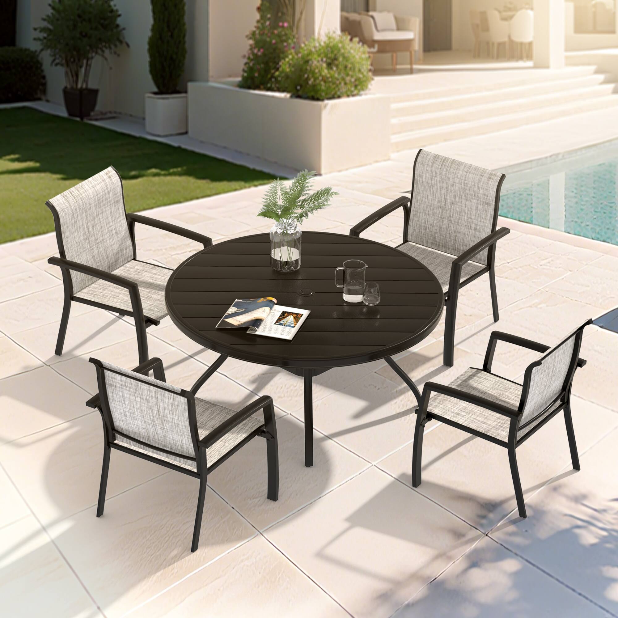 Angle. Mondawe - 5 Pieces Patio Dining Set, Set of 4 Patio Stackable Dining Chairs and 40.6" Outdoor Metal Round Table - Black+ Gray.