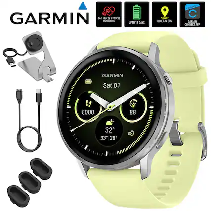 GARMIN 24/7 HEALTH & FITNESS MONITORING UPTO 12 DAYS BUILT-IN GPS GARMIN CONNECT APP
GARMIN
Sat 01
8000
88
32°
33° 28°