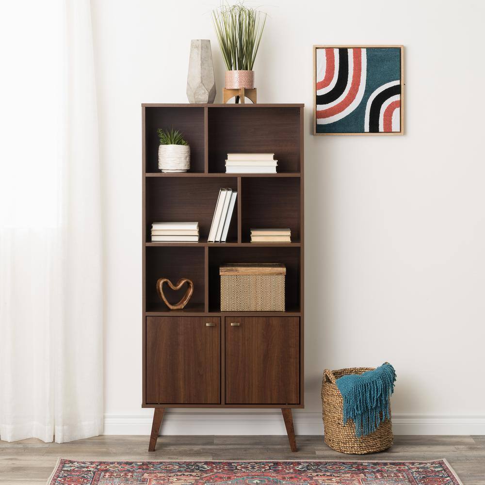Back. Prepac - Milo Mid-Century Modern Bookcase with Six Shelves and Two Doors - Cherry.