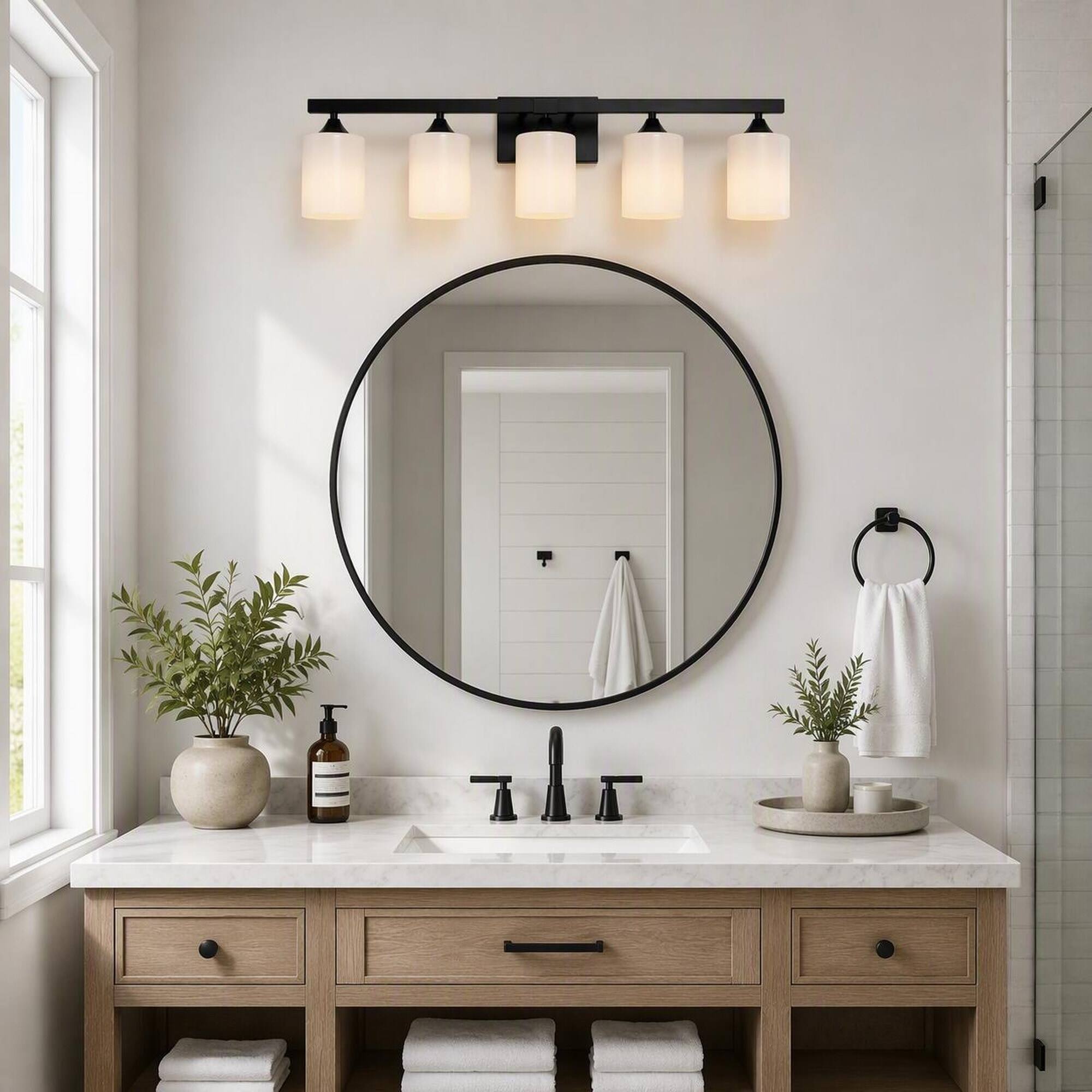 Angle. RYHNUYNE - 5-Light Matte Black Bathroom Vanity Light with Frosted Glass Shades, Moisture-Resistant Metal Wall Sconce.