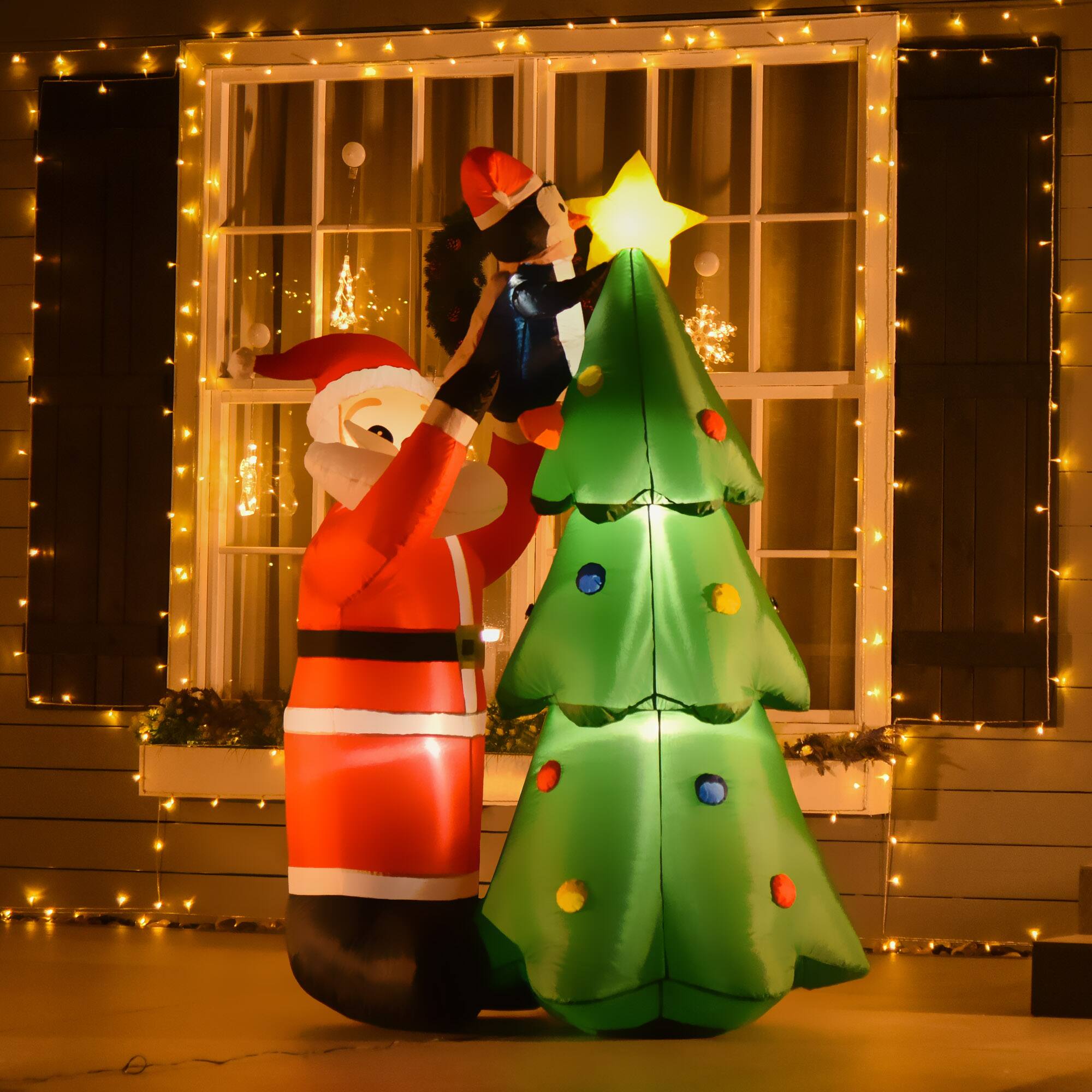 Alt View 1. Homcom - 6ft Inflatable Christmas Tree with Santa & Penguin, Outdoor Blow-Up Yard Decor, LED Lights - Green.