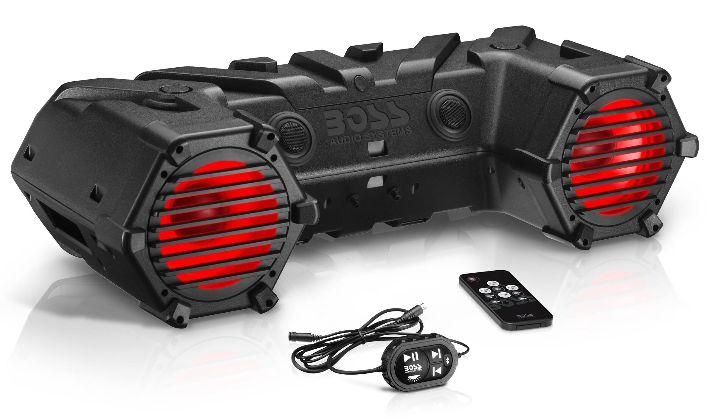 BOSS Audio - ATV UTV Amplified Sound Tube, 8-Inch Speakers, 1.5-Inch Tweeters, IPX5 Weatherproof, Bluetooth, Multicolor Illumination - Black