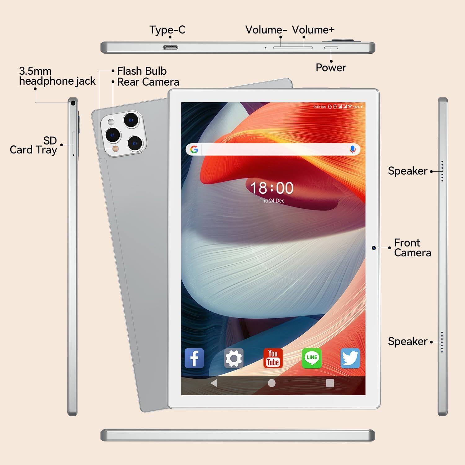 - Type-C
- Volume-
- Volume+
- Power
- 3.5mm headphone jack
- SD Card Tray
- Flash Bulb
- Rear Camera
- Speaker
- Front Camera
- Speaker
- YouTube
- LINE
- Twitter
- Facebook
- Settings
- 18:00 Thu 24 Dec