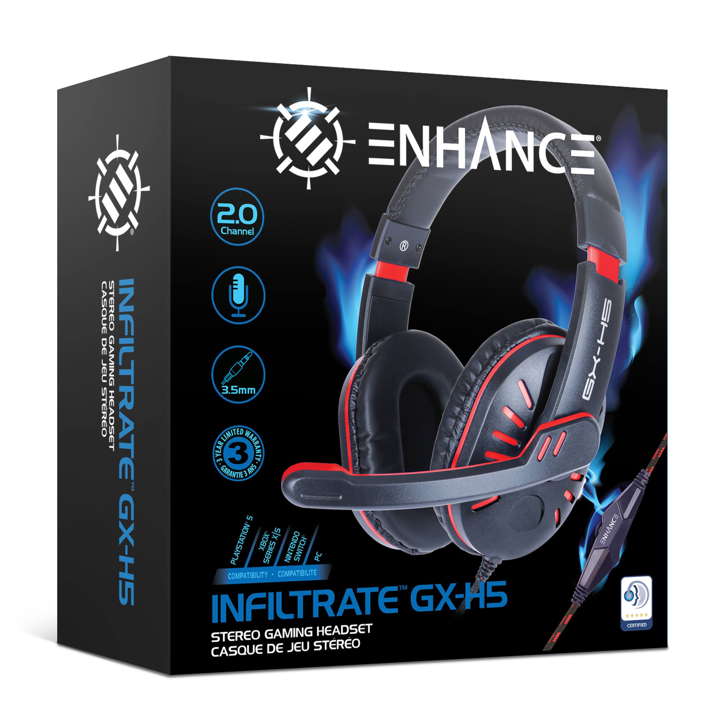 CASQUE DE JEU GAMING INFILTRATE STEREO HEADSET GX-H5 ENHANCE 2.0 Channel : 3.5mm : GX-H5 LIMITED WARRANTY 3 MARRANTY GARANTIE ANS PLAYSTATION XBOX PC COMPATIBILITY COMPATIBILITE M INFILTRATE GX-H5 STEREO GAMING HEADSET CASQUE DE JEU STEREO