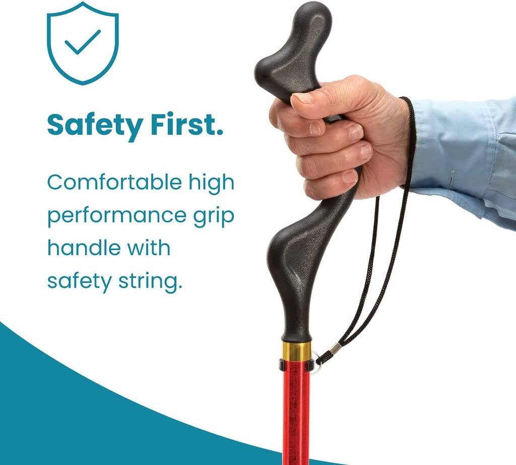 Safety First.  
Comfortable high performance grip handle with safety string.