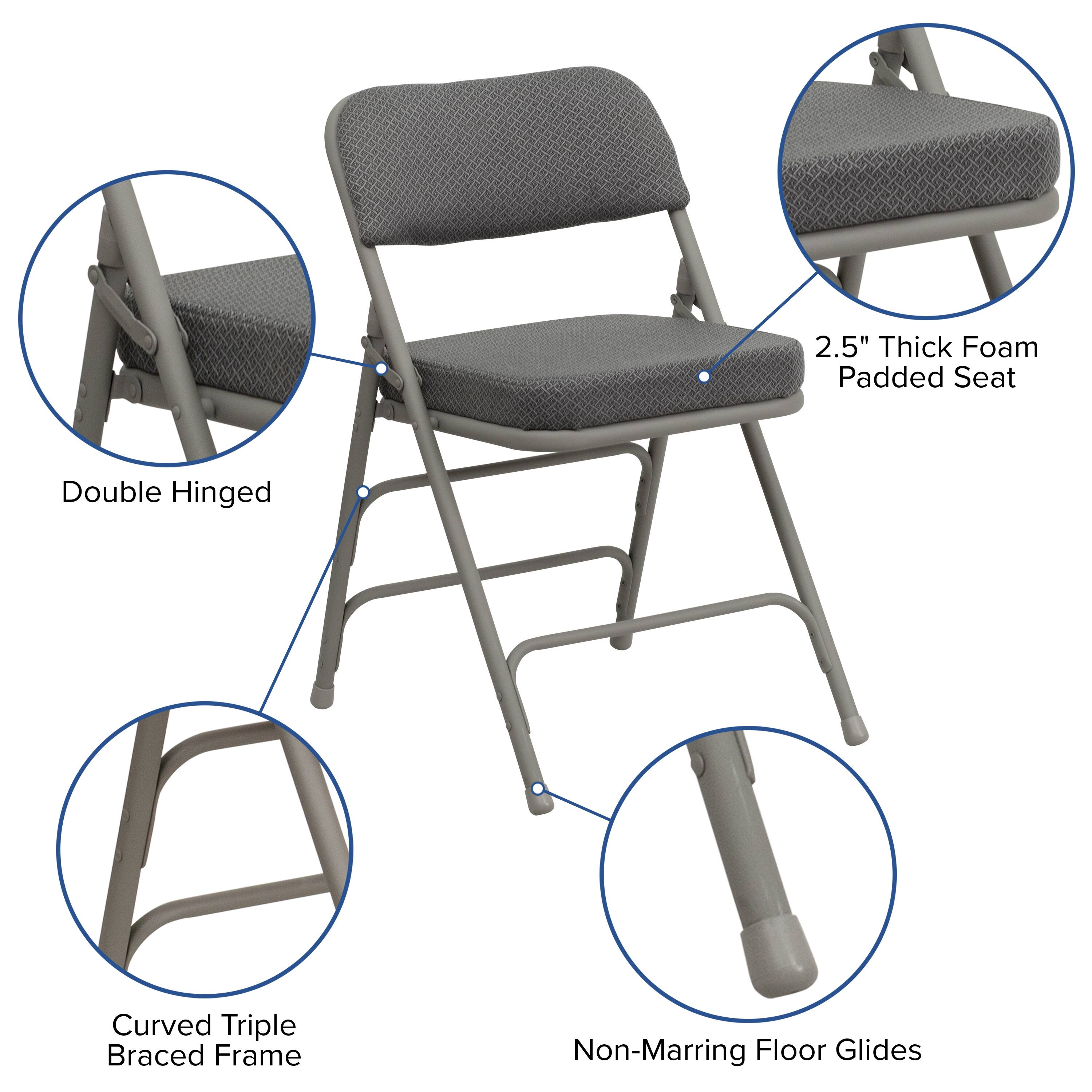 2.5" Thick Foam Padded Seat  
Double Hinged  
Curved Triple Braced Frame  
Non-Marring Floor Glides